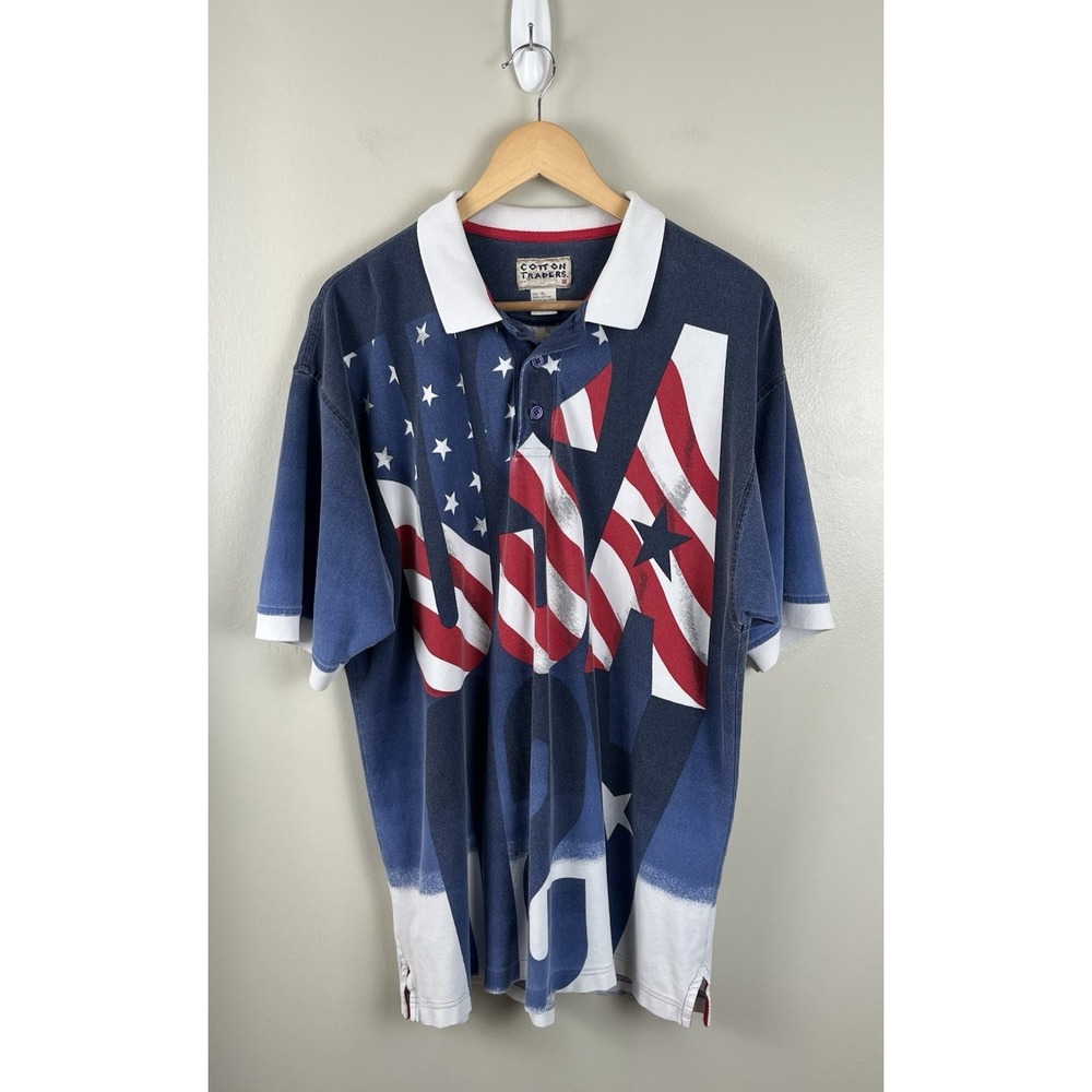 Cotton Traders Vtg Men's Shirt Sleeve Polo Americana Flag Patriotic USA XL